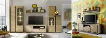 Massivholz Wohnwand und Fernsehschränkchen mit schwarzen Akzenten.