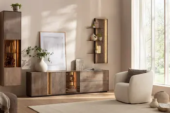 Wohnwand aus dunklem Holz mit beleuchteten Glaseinsätzen dekoriert mit Pflanzen in einem hellen gemütlichen Wohnzimmer.