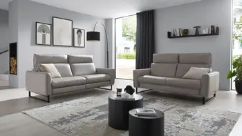 Wohnzimmer mit zwei Zweisitzern in grauem Lederbezug mit zwei schwarzen Beistelltischen 