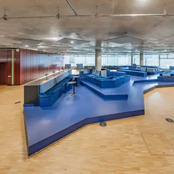 Große Leseinsel mit verschiedenen Bereichen in blau