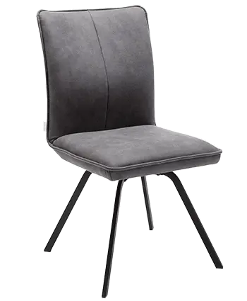 Grauer Esszimmerstuhl mit schwarzem Gestell.