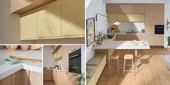 Collage: Wohnküche mit Holzfronten, gelben Schränken und Tischinsel.