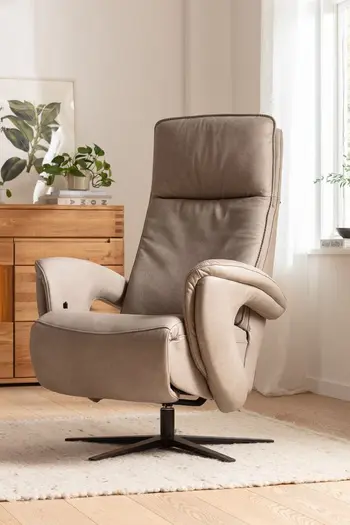 Grauer Leder Relaxsessel in einem hellen Raum mit einer Grünpflanze im Hintergrund.