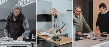 Montagemitarbeiter und Kundenberater bei der Arbeit.