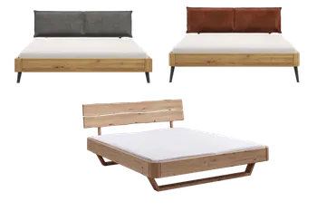 Collage aus drei Massivholzbetten, von denen eins ein Kopfteil aus Massivholz hat und zwei Kopfteil mit schwarzem Stoffbezug und rotem Stoffbezug.