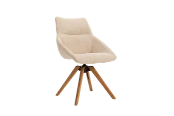 Moderner Schalenstuhl mit cremefarbenem Stoff und Holzgestell.