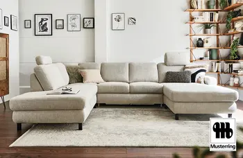 Helles Musterring Ecksofa mit Longchair in modernem Wohnzimmer