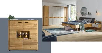 Hoelzernes Highboard mit Fensterelement und Schlafzimmereinrichtung aus Holz mit grossem Kleiderschrank.