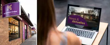 Kuechenhaus Gruber Hausfassade und Laptop mit Newsseite.