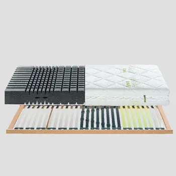 Matratze über einem Lattenrost, bei der man links das schwarze Innenleben sieht.