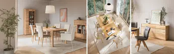 Esszimmer mit Naturholzmöbel in verschiedenen Ansichten
