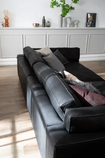 Rückansicht eines schwarzen Ledersofas, das an der Rückenlehne hohe dick gepolsterte Kissen hat.