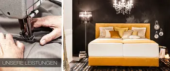 Nähmaschine im Einsatz bei Polsterarbeit   Boxspringbett mit goldfarbenem Bezug und Kissen