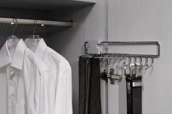 Innenleben eines Kleiderschranks, mit einer Kleiderstange mit weißen Hemden und Haken an der Türe mit Gürtel daran.