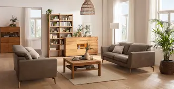 Gemütliches Wohnzimmer mit vielen Pflanzen und Vasen, in dem sich zwei graue Ledersofas gegenüber stehen, dazwischen steht ein eckiger Couchtisch aus Massivholz.