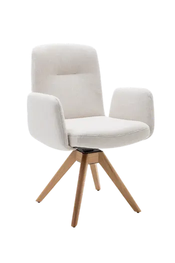 Weißer Armlehnstuhl mit Drehgestell aus Holz.