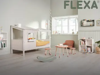 Kinderzimmermöbel der Marke FLEXA, die mitwachsen. Bett, Aufbewahrungsmöbel, Tisch und Hocker
