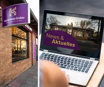 Kuechenhaus Gruber Hausfassade und Laptop mit Newsseite.