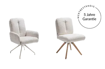 Zwei Stühle, einer mit Armlehnen und der andere ohne sowie ein Vermerk zur Garantie 