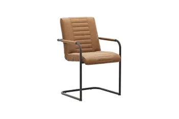 Freischwinger mit schwarzen Beinen und Walnussbraunem Lederbezug mit farblich passendem Bezug auf den Armlehnen.