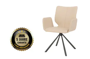 Moderner Armlehnstuhl fürs Esszimmer in beigem Leder mit Garantie-Hinweis.