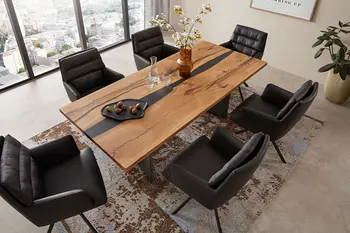 Design Esstisch Nera mit Epoxidharzfülling in der Tischplatte mit schwarzem Leder Armlehnstuhl Capitolo.