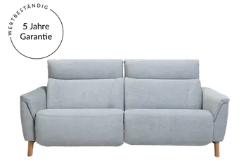 Grauer Zweisitzer als Freisteller mit Vermerk auf die Garantie in der oberen linken Ecke. 