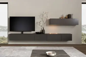 Moderne schwarze Wohnwand mit einem hängenden Lowboard, das einen LED-Kamin enthält und darüber ein hängendes Wandboard.