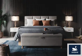 Elegantes Schlafzimmer-Design von Svane mit luxuriösem Boxspringbett, stilvollen Nachttischen und sanfter Beleuchtung.