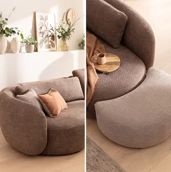 Collage: Detailbilder von braunem Ecksofa mit beigem Hocker.