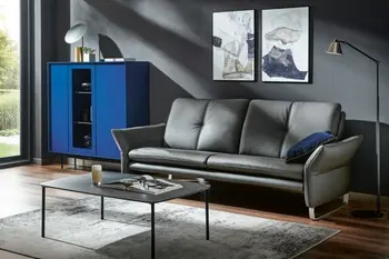 Zeitloses graues Ledersofa mit silbernen Kufen.