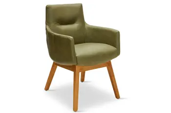 Esszimmerstuhl mit Holzgestell und grünem Lederbezug und einer großzügigen geschwungenen Form.