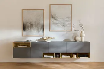 Schwebendes Sideboard in minimalistischem Stil in der Farben Grau und Gelb