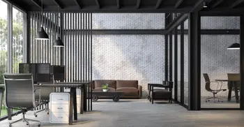 Moderner Bürokomplex mit dunkler Einrichtung.