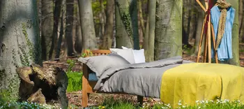 Ein Bett samt Kleiderständer steht im Wald