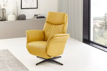 Gelber Fernsehsessel mit schwarzem Drehfuß.