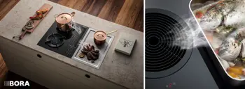 Moderne Kochinsel mit Kochfeld und Muldenlüfter von BORA, dampfende Töpfen und dünstender Fisch