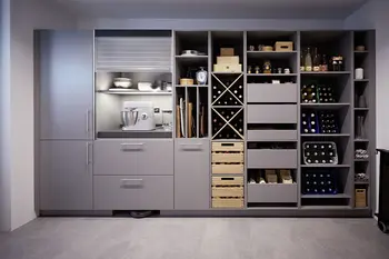 Graue Speisekammer mit Holzfront.