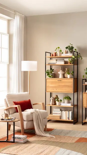 Gemütlicher Sessel in beige mit Holzarmlehnen, auf dem ein rotes Kissen und eine beige Decke liegen in einem hellen gemütlich eingerichteten Raum.