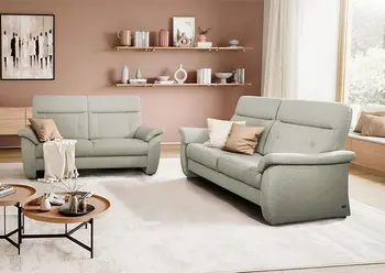 Zwei hellgraue Zweisitzersofas in einem hellen gemütlichen Raum.