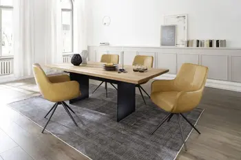 Modernes Esszimmer in dem ein Design Esstisch mit einer Massivholz Tischplatte und einem schwarzen Metallfuß steht, um den Tisch stehen Schalenstühle mit gelbem Lederbezug und schwarzem Fußgestell.