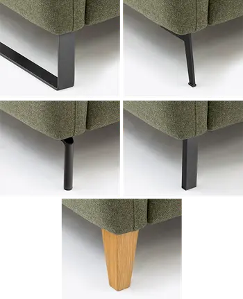 Fünf verschiedene Varianten von Sofafuessen, in schwarzem Metall oder aus Holz.