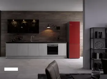 Küchenzeile in hellem Grau mit Hängeschrank mit abgedunkelten Glasfronten und Beleuchtung. Rechts neben der Küchenzeile steht ein großer Kühlschrank mit roter Frontverkleidung.&nbsp;