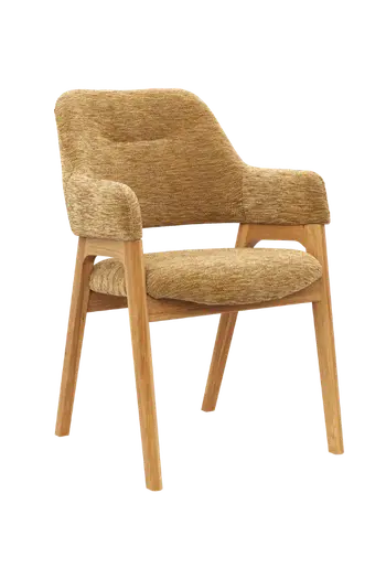 Freisteller von Armlehnstuhl mit Gestell aus Wildeiche und Stoffbezug in der Farbe Curry.
