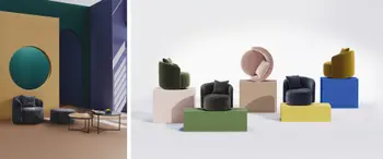 Collage zu Serie RAUM.FREUNDE VALDIS mit Sesseln und Hockern in verschiedenen Größen