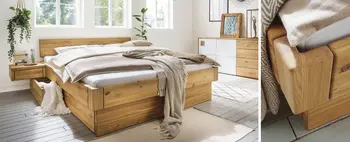 Natura Home Bett aus Holz mit Decken und Kissen in Beige