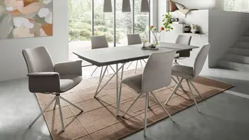 Modernes, minimalistisches Esszimmer mit großem Tisch und sechs Esszimmerstühlen in grau/beige.