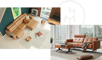 Ockerfarbenes und rot-braunes Stressless-Ecksofa in modernen Wohnzimmern.