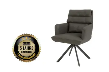 Gepolsterter Armlehnstuhl in schwarzem Leder mit Garantie-Button