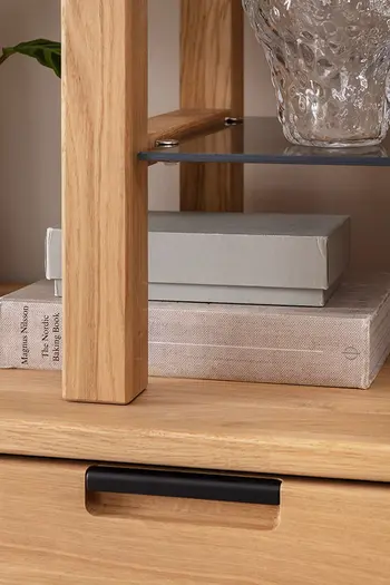 Detailbild von Wohnwand mit schwarzem Metallgriff an Schublade.